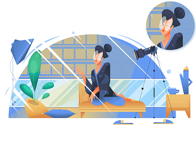 Woman preparing a set for filming a vlog calm character character design feminism filming flat geometrical girl gradient illustration minimal pastel plants traditional clothes vector vlog woman youtube