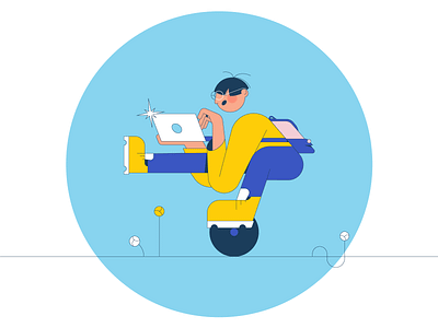 A non-binary person on the unicycle character computer design geometrical illustration laptop lineart minimal non binary scooter shape sport teen transport unicycle vector work