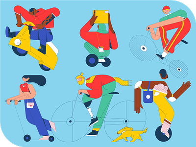 Characters taking a ride bicycle bike character design flat geometrical hijab hoverboard illustration lineart minimal people riding scooter transport travel unicycle vector