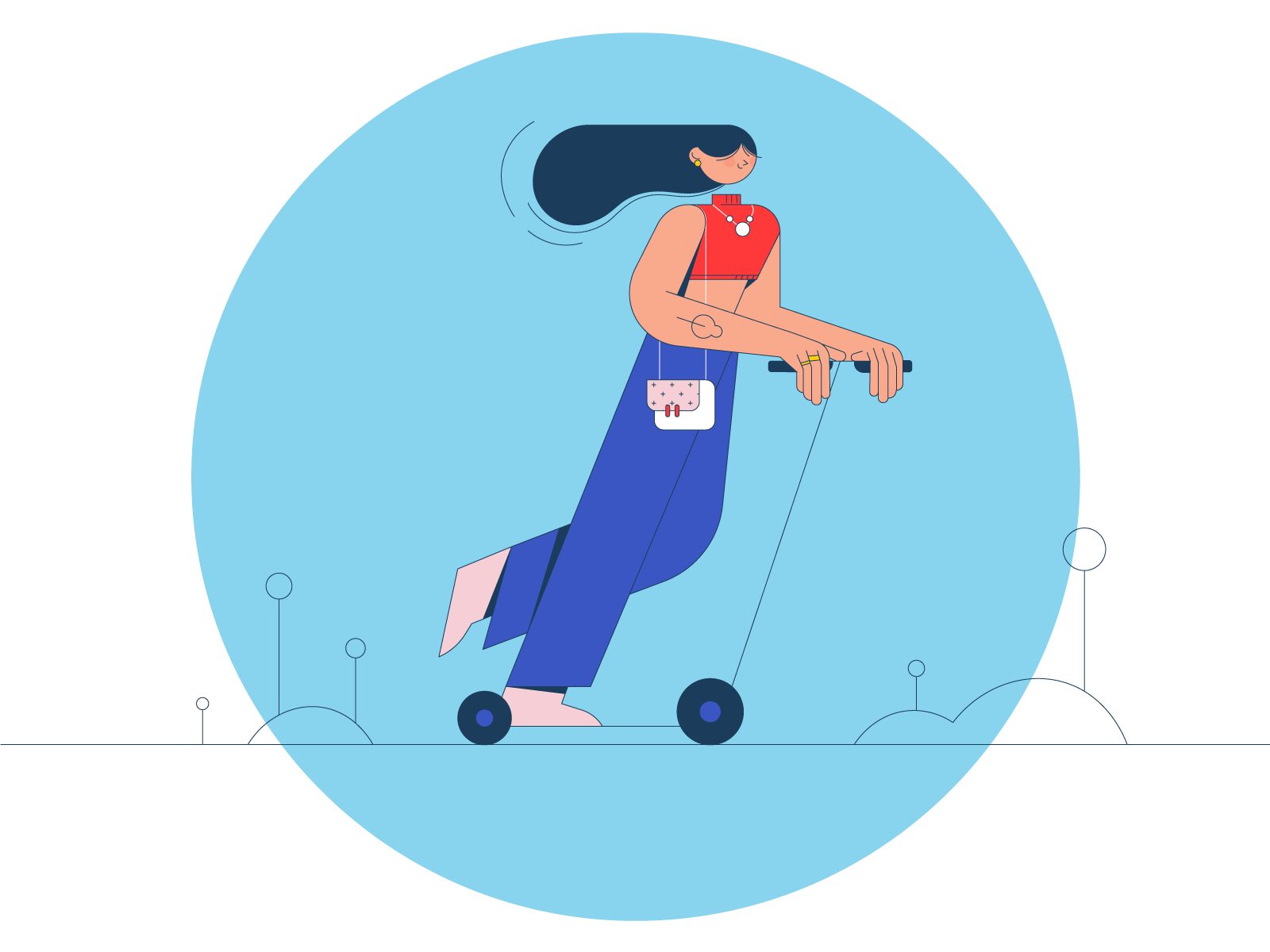 A woman riding a scooter bicycle character geometrical girl gradient hair illustration line lineart minimal riding scooter teen travel unicycle vector woman women