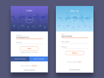 Signup and Login screens for a music app app music ui ux
