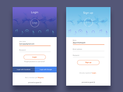 Signup and Login screens for a music app by Aj Kothapalli on Dribbble