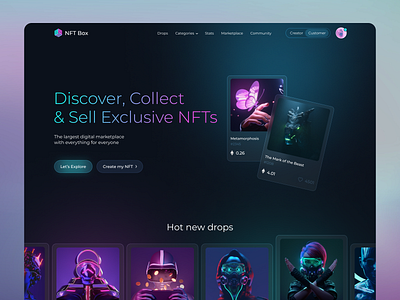 Concept of NFT Marketplace blockchain concept concept design crypto cryptocurrency dark design homepage landing main page marketplace nft nft design nft platform nft site token ui web design website