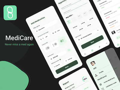 MediCare alert app app design doctor doctor appointment friend health home screen invitation login medial medicine onboarding pills registration reminder report schedule signup welcome