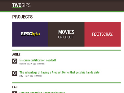 twosips.com home page clean crisp green homepage metro