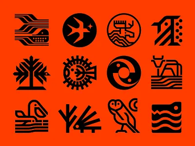 Nature Symbol Exploration 58-69 alligator bird bluejay cattle cow dolphin farm field moon moose owl pelican porcupine pufferfish seaweed swallow tree waves yinyang