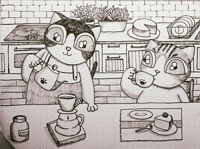 afternoon tea time cats design hand drawn illustration kitty illustration