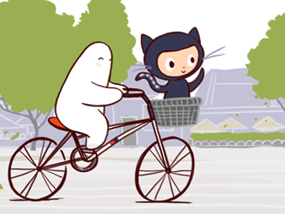 The Thinker and Octokitty banner bike cat character city github graphic illustration rethinkdb web