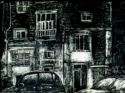 On the Street artwork black and white cityscape editorial illustration illustration ink scratch scratchboard street urban art urban design