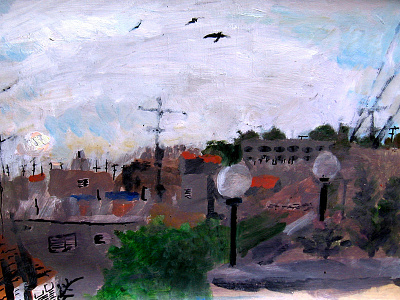 Air Pollution is a-Foggin' Up my Eyes art city art cityscape environment gouache illustration modern painting pollution rooftop urban