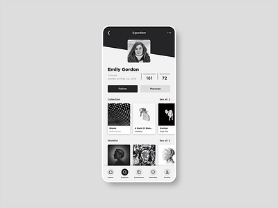 Daily UI 006 • User profile app application black and white clean dailyui dailyui 006 design discogs flat flat design greyscale interface music profile profile page sketch ui ui design user profile