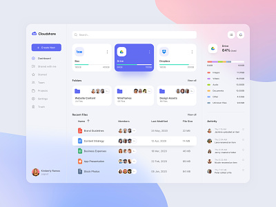 File Manager Dashboard animation app branding clean cloud dailyui dashboad design drive file manager file sharing glass gradient mobile product design share translucent ui ux web design