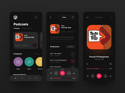 Podcast App - Dark app branding dailyui dark design illustration mobile music music app music player news play podcast product design typography ui ux web design
