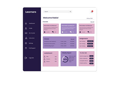 E-Learning Dashboard e learning interface design ui uidesign user interface user interface design website concept website design