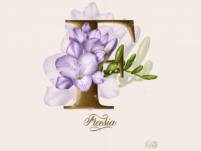F. Freesia. alphabet botanica botanical calligraphy digital illustration floral flowers freesia graphic design greeting cart hand lettering handlettering lettering nature plant postcard poster design procreate art realistic typography