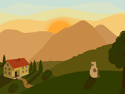 Quiet evening animal building cat dusk house illustration mountains suns sunset tree twilight vector vector illustration