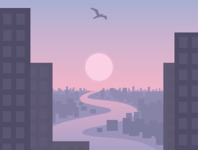 Sunrise in the city bird city city illustration cityscape dawn illustration river seagull sun sunrise vector vector illustration