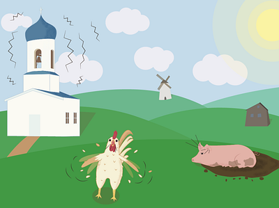In the village animal building church illustration mill morning pig rooster rural summer vector vector illustration village