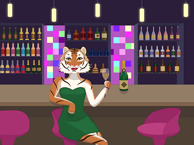 At the bar alcohol animal bar champagne design dress human illustration tiger vector vector illustration