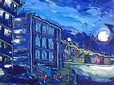 Moon Rising Over Cultural District cultural design district illustration oil oil on canvas oil paint painting palette pittsburgh texture