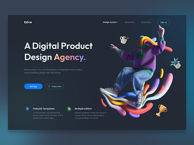 Exioo Agency 3d illustration agency animation company corporate creative darnk theme development digital graphic design header homepage landing page layout marketing minimal design portfolio ui and ux web design web site