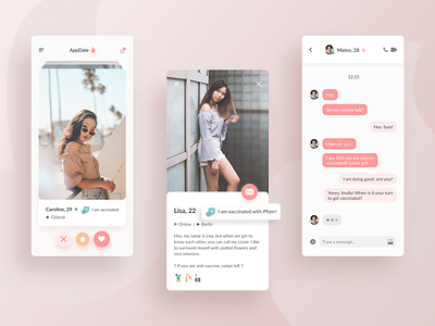 Dating App Concept - AppDate app chat concept covid covid19 datingapp design healthcare medical pastels profile redesign social tinder ui ux uxui vaccination vaccine virus
