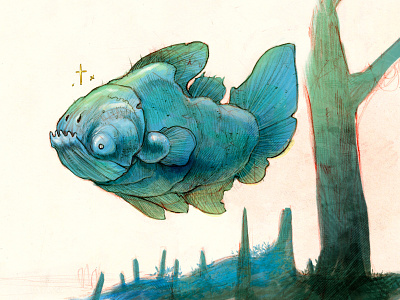 Bull coelacanth fish illustration sketch