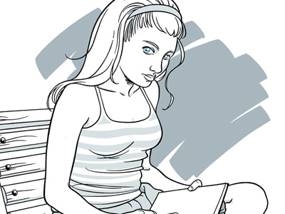 Girl sitting almost monochrome blue digital art drawing girl halftone illustration ligne claire