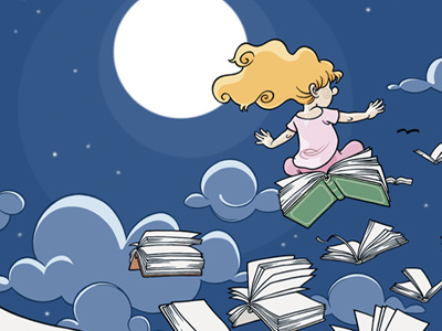 Flying books book children digital drawing dream fables fantasy fly illustration moon night nocturne