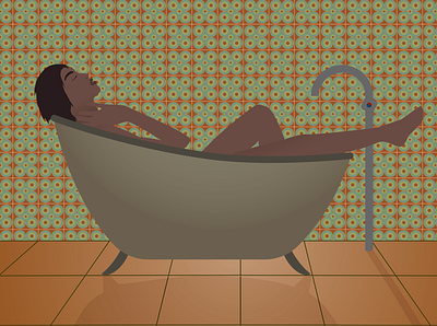 Woman Bathing in Retro Bathroom Vector Illustration 50s 60s 70s bathroom bathtub gradients illustration patterns retro shadows tiles vector vector illustration vintage woman