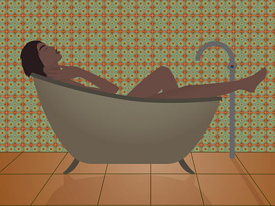 Woman Bathing in Retro Bathroom Vector Illustration