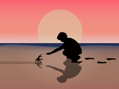 Crab Encounter at Sunset Beach Vector Illustration affinity affinitydesigner2 animal beach boy child crab encounter illustration magical sunset vector vector illustration