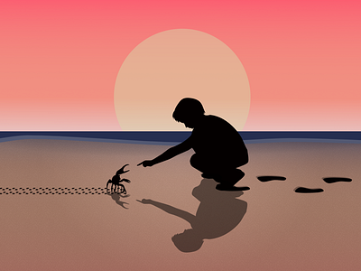 Crab Encounter at Sunset Beach Vector Illustration