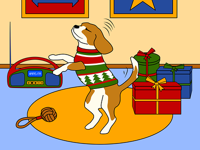 Dancing Christmas Beagle Childrens Book Illustration beagle cd player childrens book childs book christmas cozy dancing dog illustration merrychristmas music presents xmas