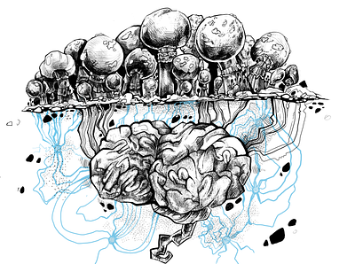 Smart Mycelium 2d artwork black and white brain digital art illustration mushroom psychedelic sketch