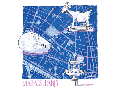 Map of the Marais quarter in Paris editorial illustration illustration map travel