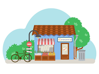 Cute Little Shop adobe illustrator bike business cute family flat illustration grocery grocery store illustration kammerel lovely pixel school province roof shop store tourism vector vegetables