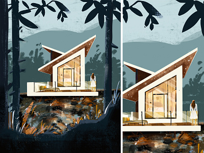 Cabin in the woods architecture cabin dribble shot dribbleartist editorial illustration flat illustration girl character illustration illustration art illustration design landscape landscape illustration procreate