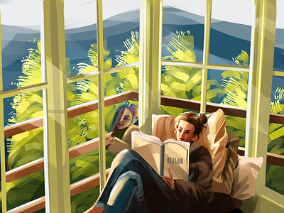 Read in the mountains corner window dribble dribblepopular dribbleshot illustration illustrator procreate procreate artist readingwoman