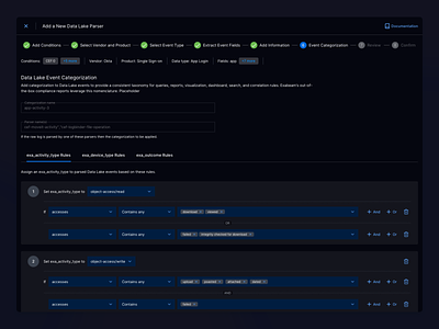 Rule builder for Data Lake event categorization app condition builder dark theme query builder rule builder ui wip wizard