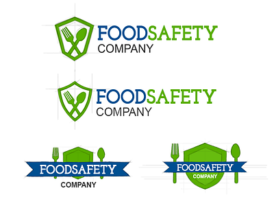 Food Safety Logo Sketches blue branding certification food fork green logo safety shield sketch spoon wip
