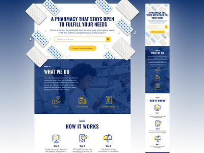 Online Pharmacy Landing Page Design desktop design figma landing page design medications mobile app design online store pharmacy prescription transfer ui design