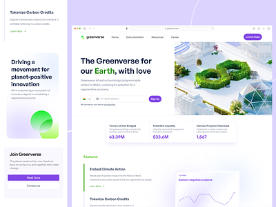 Greenverse web3 dapp 3d bitcoin blockchain climate change crypto defi earth ecosystem ethereum finity green landingpage light logo minimal polygon ui ui design webdesign white