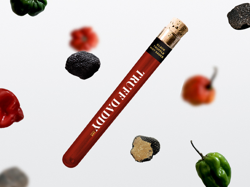 Truff Daddy black truffle tube test tube logo branding packaging spicy daddy truff peppers hot sauce truffle