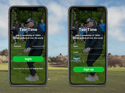 Women's Golf Community Sign Up and Login Page account design form golf login sign up ui ux