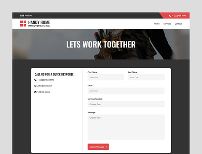 Contact Page | Construction Company | Handy Home Improvement construction constructor contract contractor interface red ui user experience ux web desgin web design web designer