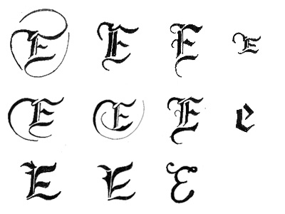 E Variations e hand drawn lettering old english sketch