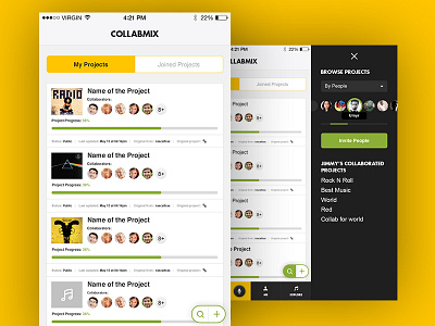 Musician's App collaboration app collapse expand menu music musicians platform record yellow