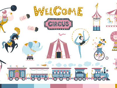 Vintage circus. Vector cartoon set