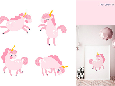 Pink unicorns for girly nursery animals cartoon design girl illustration minimal unicorn vector